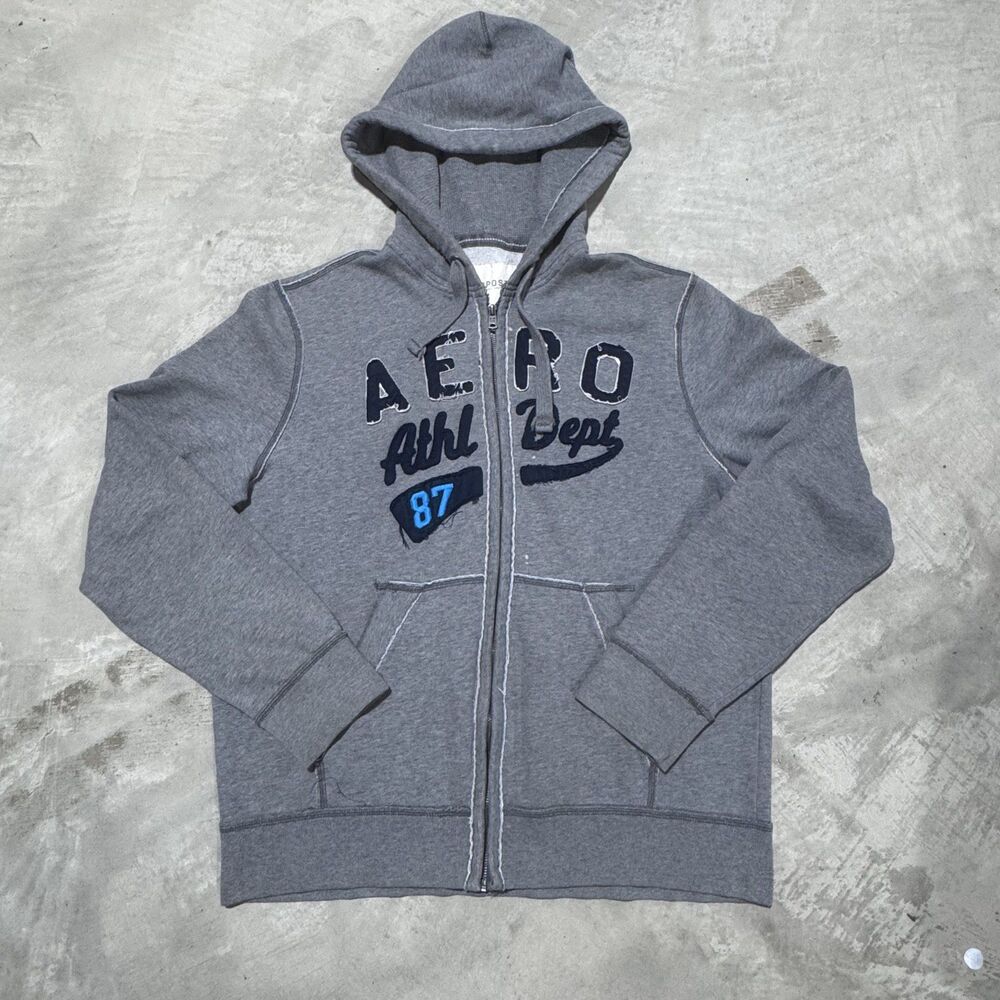 Y2K Aeropostale Athl Dept 87 Full Zip Hoodie Mens XL Gray Applique Sweat
